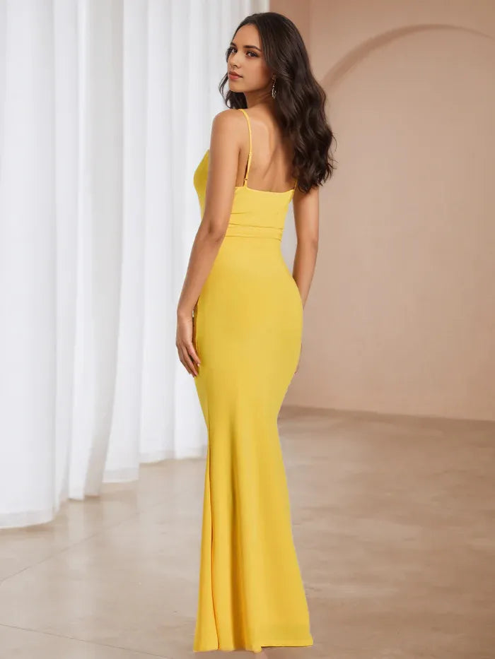 Yellow Sunny Mermaid Prom Dress Cowl Neckline Spaghetti Straps for Vibrant Gala Elegance