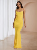Yellow Sunny Mermaid Prom Dress Cowl Neckline Spaghetti Straps for Vibrant Gala Elegance