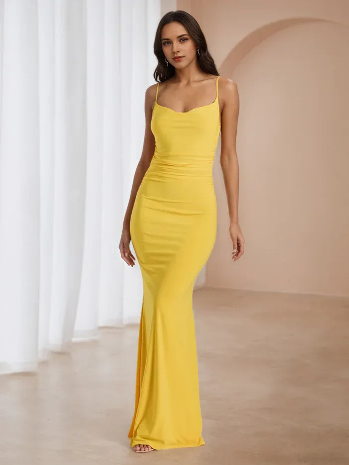 Yellow Sunny Mermaid Prom Dress Cowl Neckline Spaghetti Straps for Vibrant Gala Elegance
