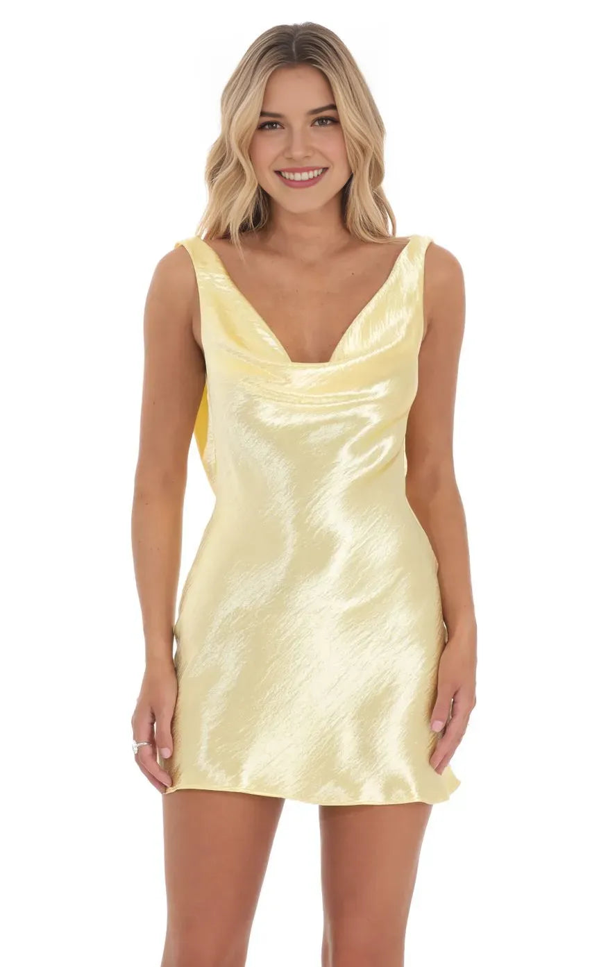 Yellow Sunny Homecoming Dress with Cowl Neckline Back Bow Detail Bodycon Fit Perfect for School Dances and Glam Nights
