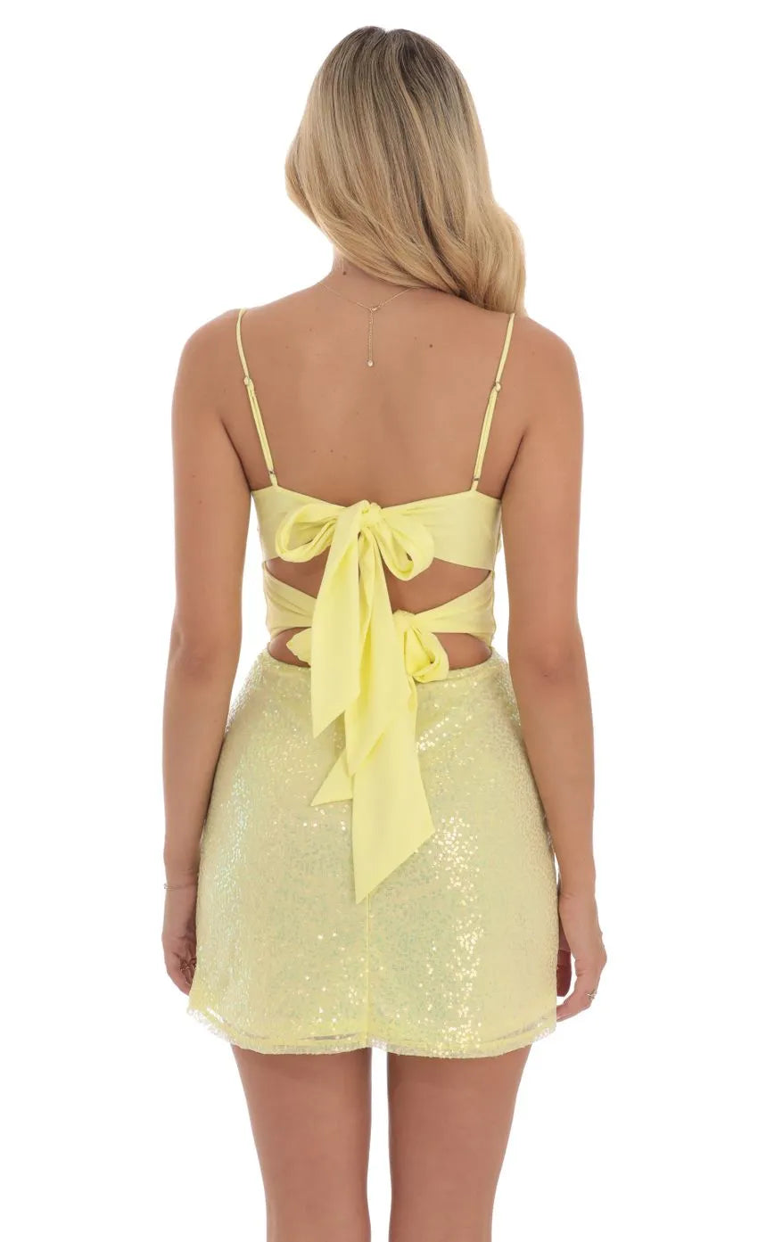 Yellow Sunny Homecoming Dress Bow Front Cutout Spaghetti Straps Perfect for Vibrant School Dances and Unforgettable Reunion Celebrations
