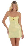 Yellow Sunny Homecoming Dress Bow Front Cutout Spaghetti Straps Perfect for Vibrant School Dances and Unforgettable Reunion Celebrations