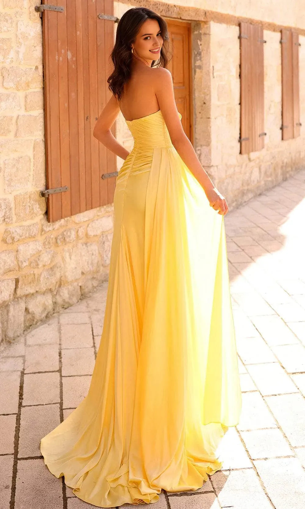 Yellow Sunny Strapless Evening Gown with Ruched Bodice Asymmetric Draped Skirt and High Side Slit A Perfect Blend of Elegance and Airy Lightness for Formal Galas Weddings and Special Occasions
