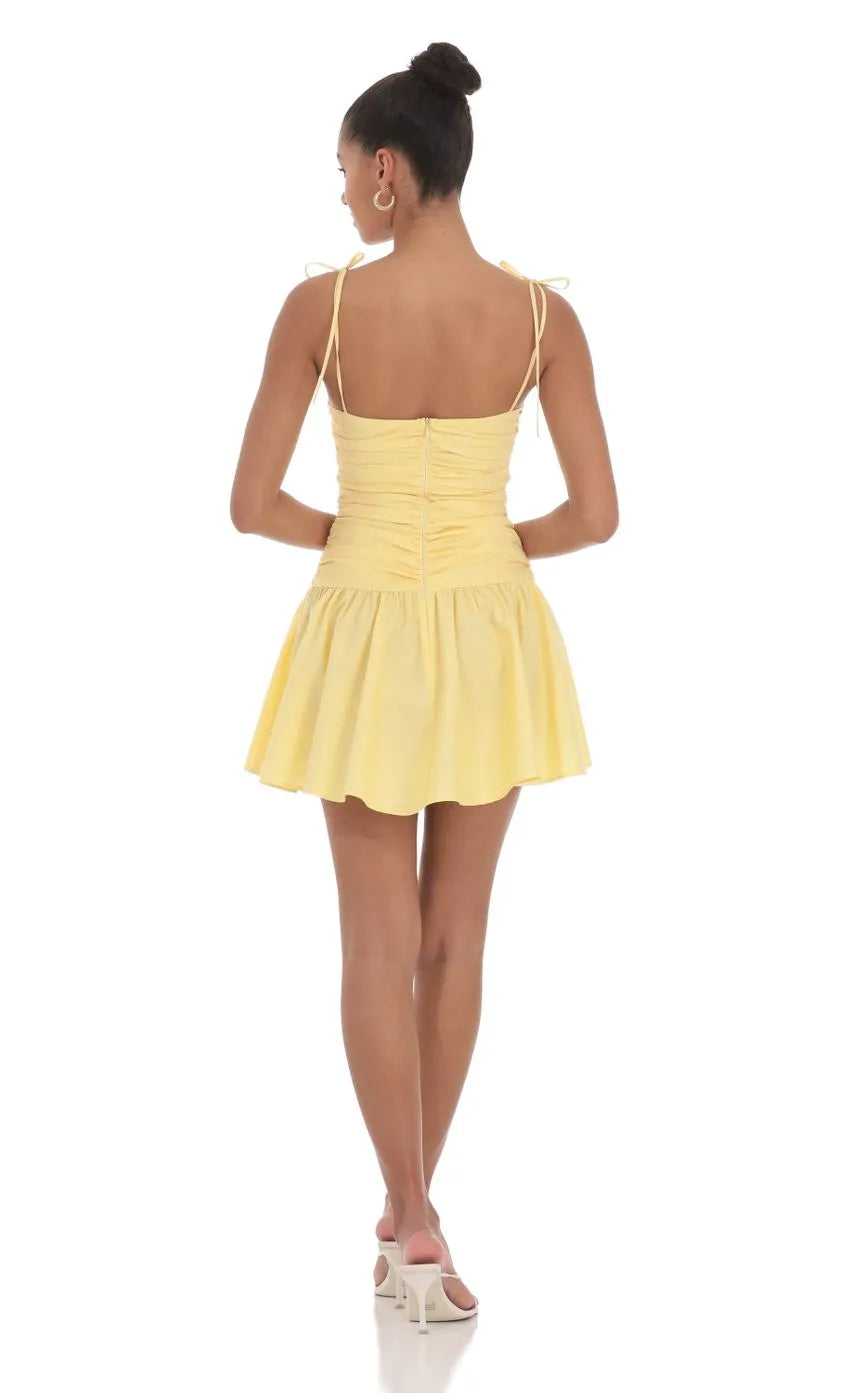 Yellow Sunny Yellow Strapless Homecoming Dress Tie Shoulder Straps Ruched Bodice Fla Skirt