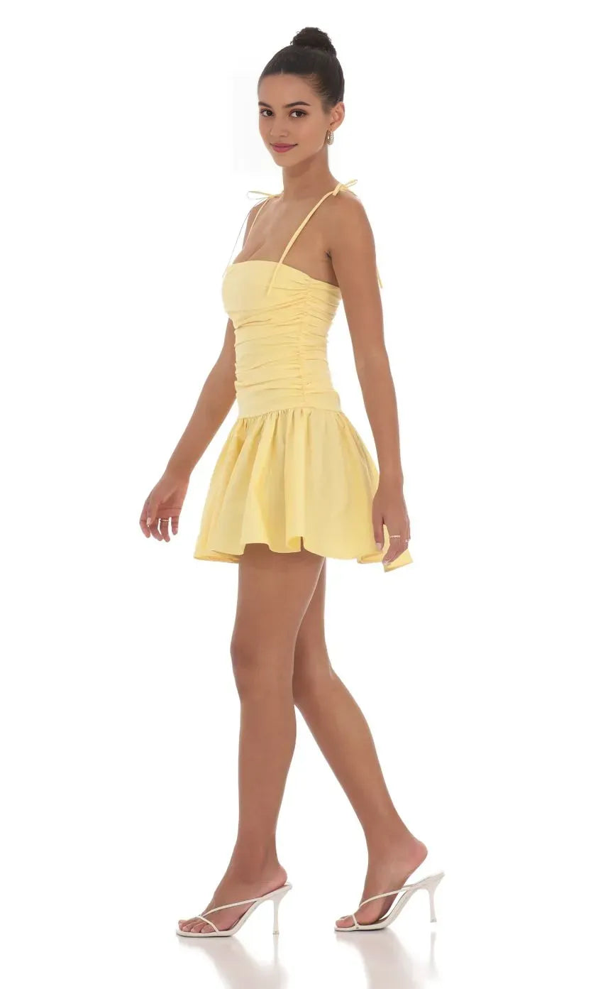 Yellow Sunny Yellow Strapless Homecoming Dress Tie Shoulder Straps Ruched Bodice Fla Skirt