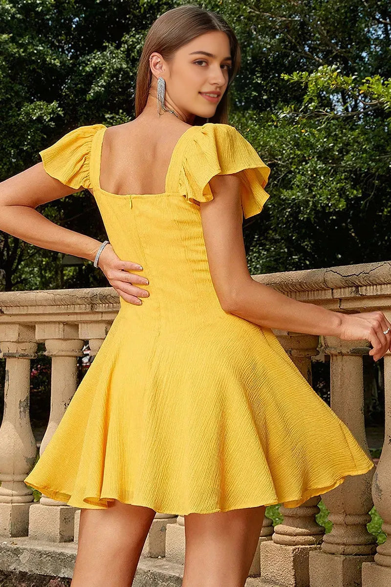 Yellow Sunny Yellow Textu Homecoming Dress with Ruffled Sleeves and Square Neckline