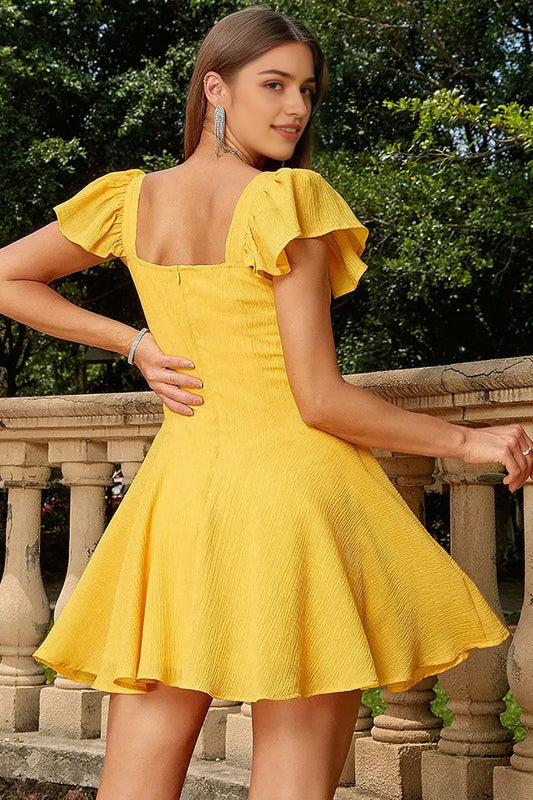 Elegant Red Ruffled A-Line Square-Neck Classic-Sleeve Classic-Back Floor-Length Homecoming Dress