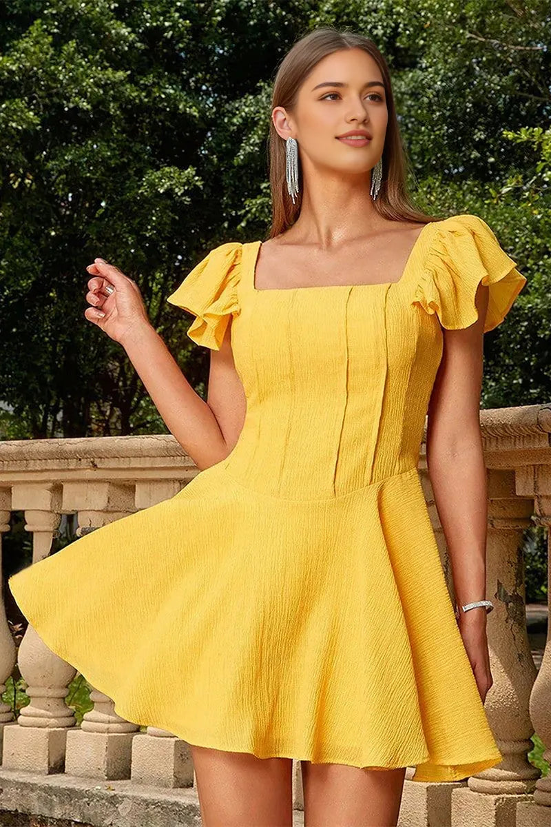 Yellow Sunny Yellow Textu Homecoming Dress with Ruffled Sleeves and Square Neckline