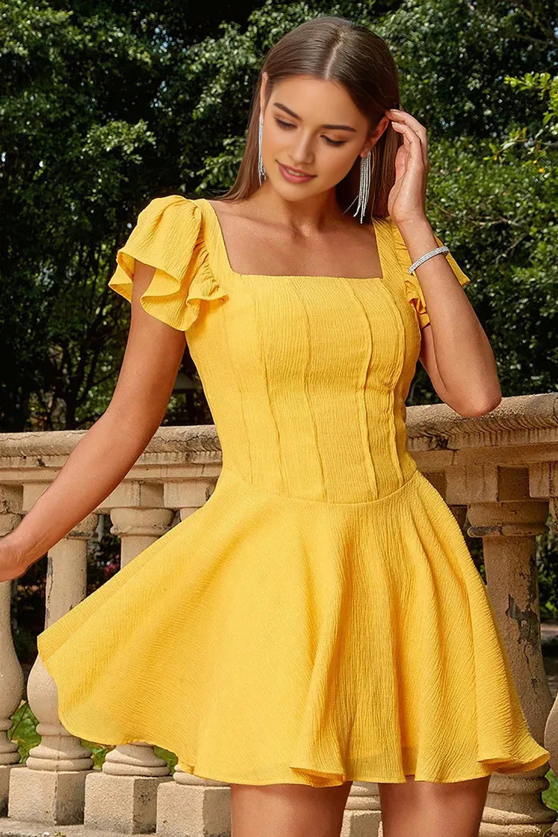 Yellow Sunny Yellow Textu Homecoming Dress with Ruffled Sleeves and Square Neckline