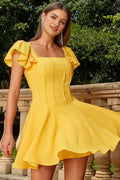 Yellow Sunny Yellow Textu Homecoming Dress with Ruffled Sleeves and Square Neckline