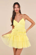 Yellow Sunny Yellow Homecoming Dress Deep V - Neck Spaghetti Straps Tie Ruffles Light Up Your School Dance Like a Ray of Sunshine