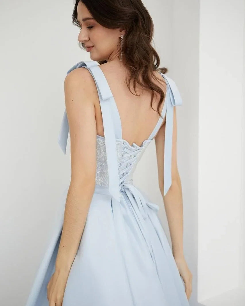Light Blue Sweet A-Line Sweetheart Bow Tie Light Midi Party Dress