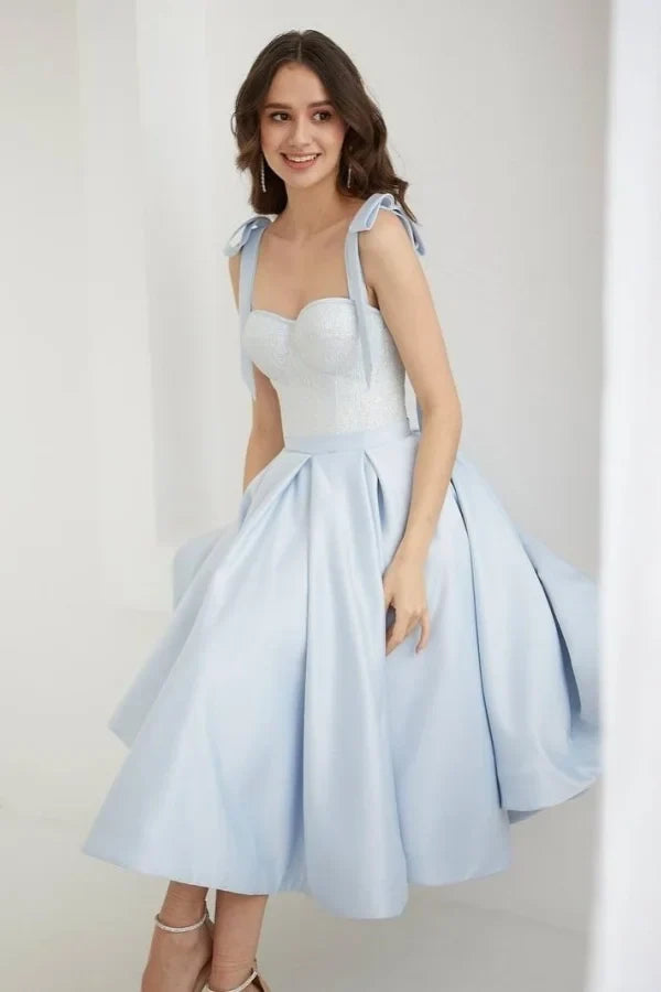 Light Blue Sweet A-Line Sweetheart Bow Tie Light Midi Party Dress
