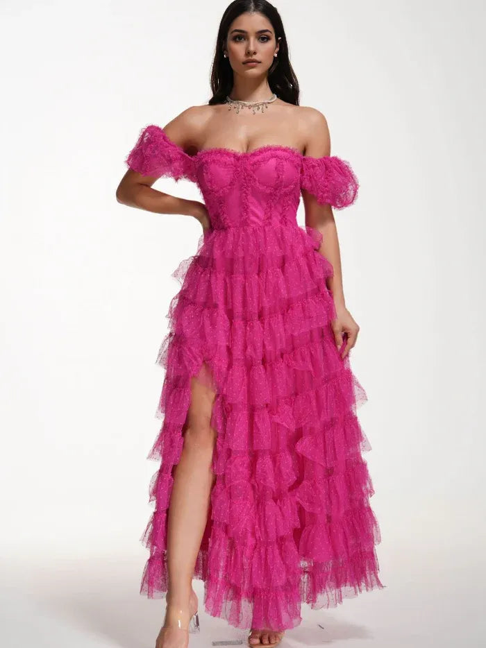 Sweet Polka Dot Off The Shoulder Long Prom Dress with Slit