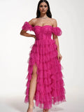 Sweet Polka Dot Off The Shoulder Long Prom Dress with Slit