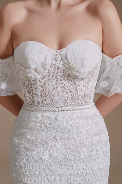 Sweetheart Detachable Bubble Sleeves Mermaid Wedding Dress