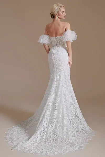 Sweetheart Detachable Bubble Sleeves Mermaid Wedding Dress