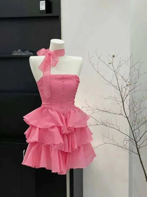 Pink Sweetheart Pink Mini Dress Halter Bow Neckline Corset Bodi ceand Tie Ruffles Perfect for Homecoming Elegance