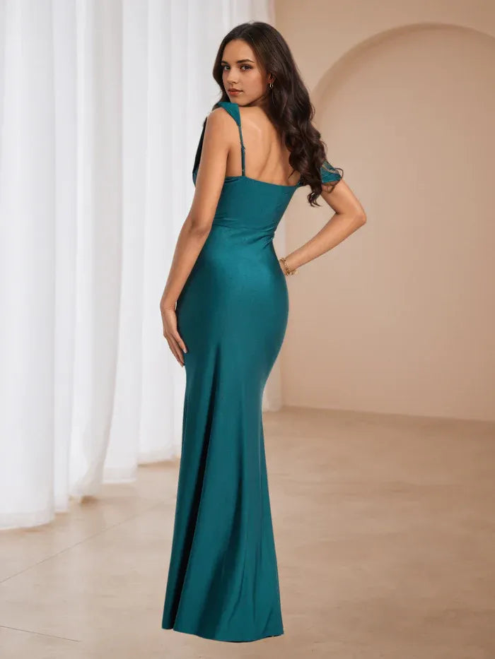 Teal Asymmetric Prom Dress Draped Neckline One - Shoulder Silhouette Side Slit for Gala Glamour