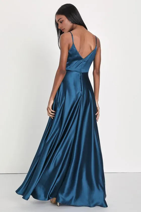 Blue Teal Prom Dress with Cross-Front Wrap Spaghetti Straps High Thigh Slit Flowy Skirt Perfect for Formal Galas