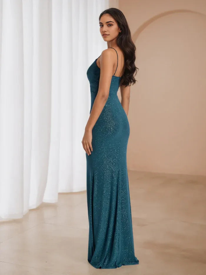 Teal Glitter Mermaid Prom Dress Cut Out Detail Spaghetti Straps for Enchanting Gala Evenings
