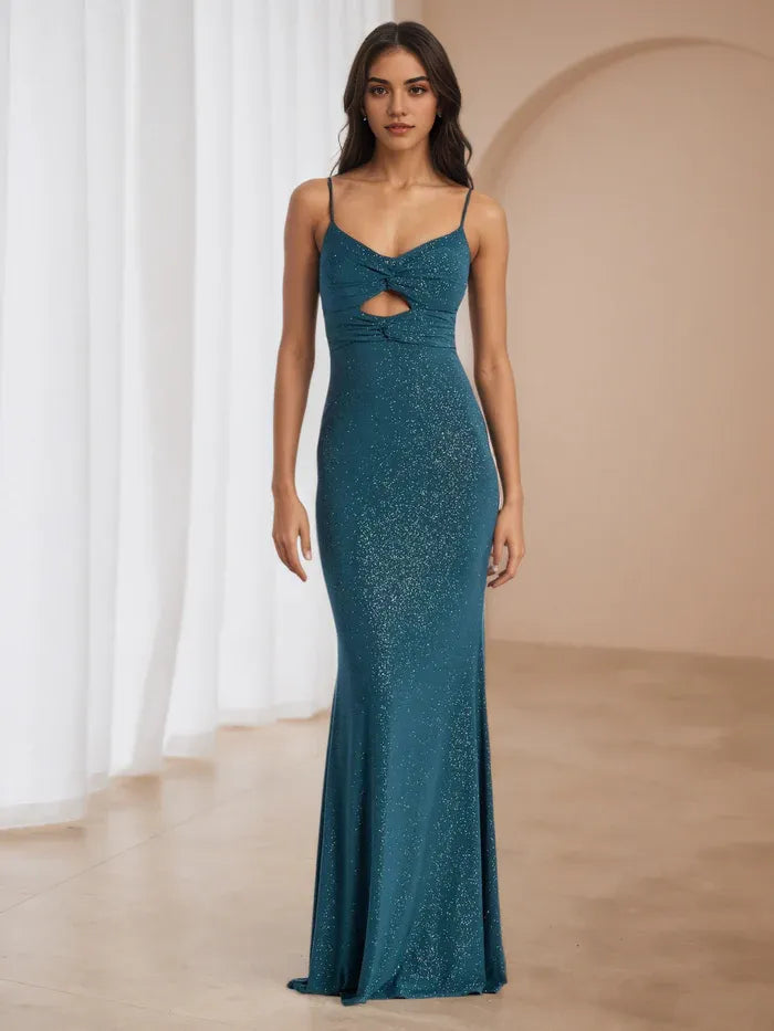 Teal Glitter Mermaid Prom Dress Cut Out Detail Spaghetti Straps for Enchanting Gala Evenings