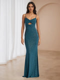 Teal Glitter Mermaid Prom Dress Cut Out Detail Spaghetti Straps for Enchanting Gala Evenings