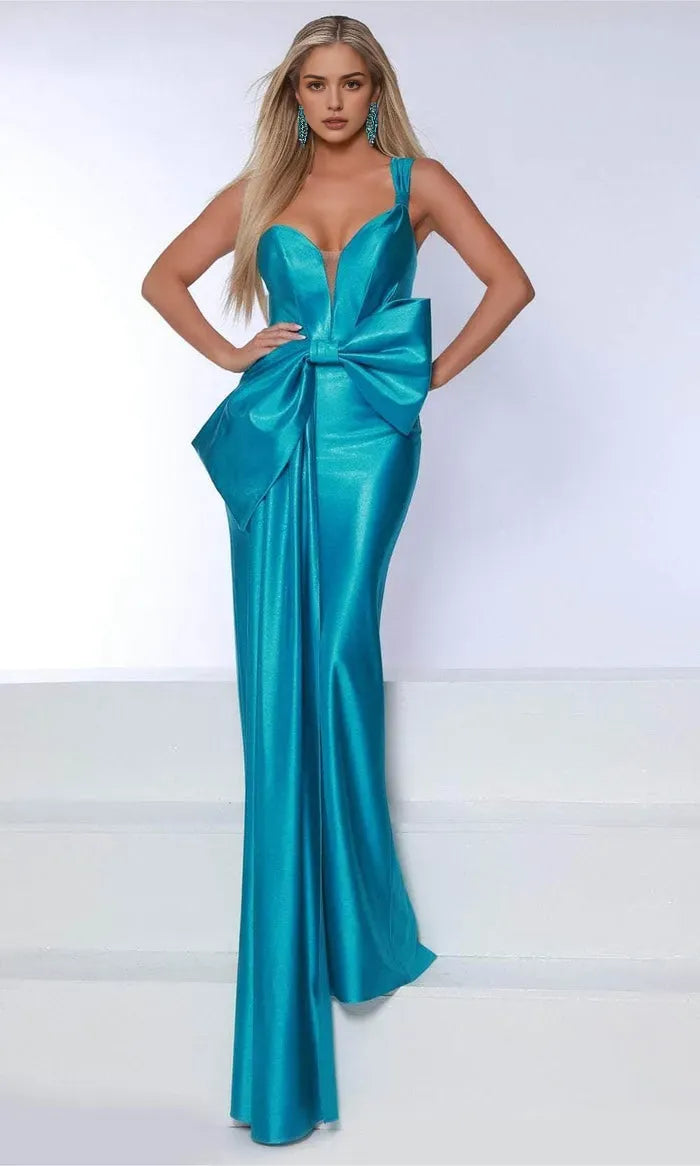 Teal Evening Dresses with Asymmetric Strap Plunging Neckline and Oversized Bow Detail for Glamorous Occasions