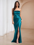 Teal Strapless Prom Dress with Draped Design High Slit Mermaid Evening Gown