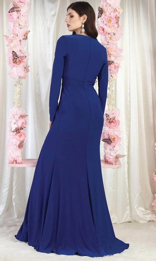 Glamorous Burgundy Slit A-Line V-Neck Long-Sleeve Classic-Back Floor-Length Evening Dress