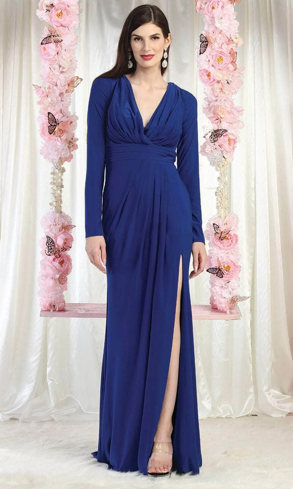 Burgundy Long - Sleeve Evening Dress with Plunging V - Neckline Draped Bodice and High Thigh Slit for Glamorous Occasions