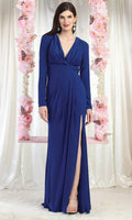 Burgundy Long - Sleeve Evening Dress with Plunging V - Neckline Draped Bodice and High Thigh Slit for Glamorous Occasions