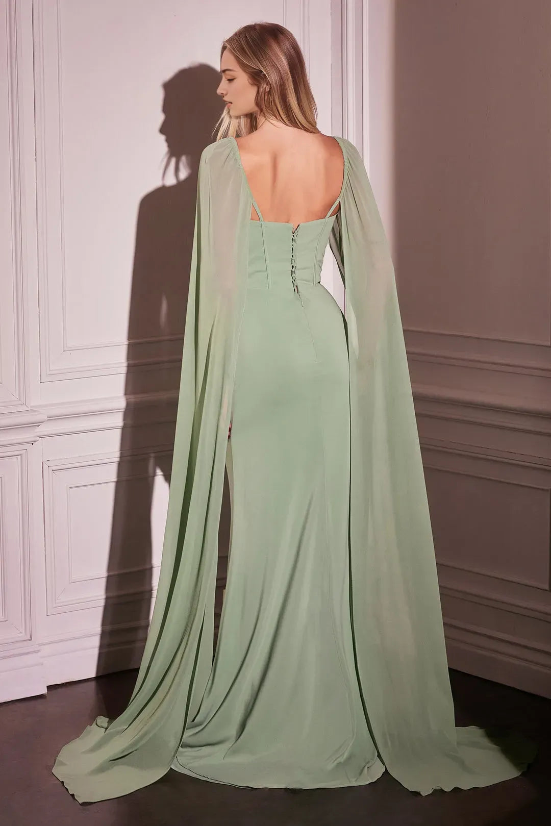 Sage Green Enchanting Prom Dress with Flowing Cape Sleeves and Corset Bodice