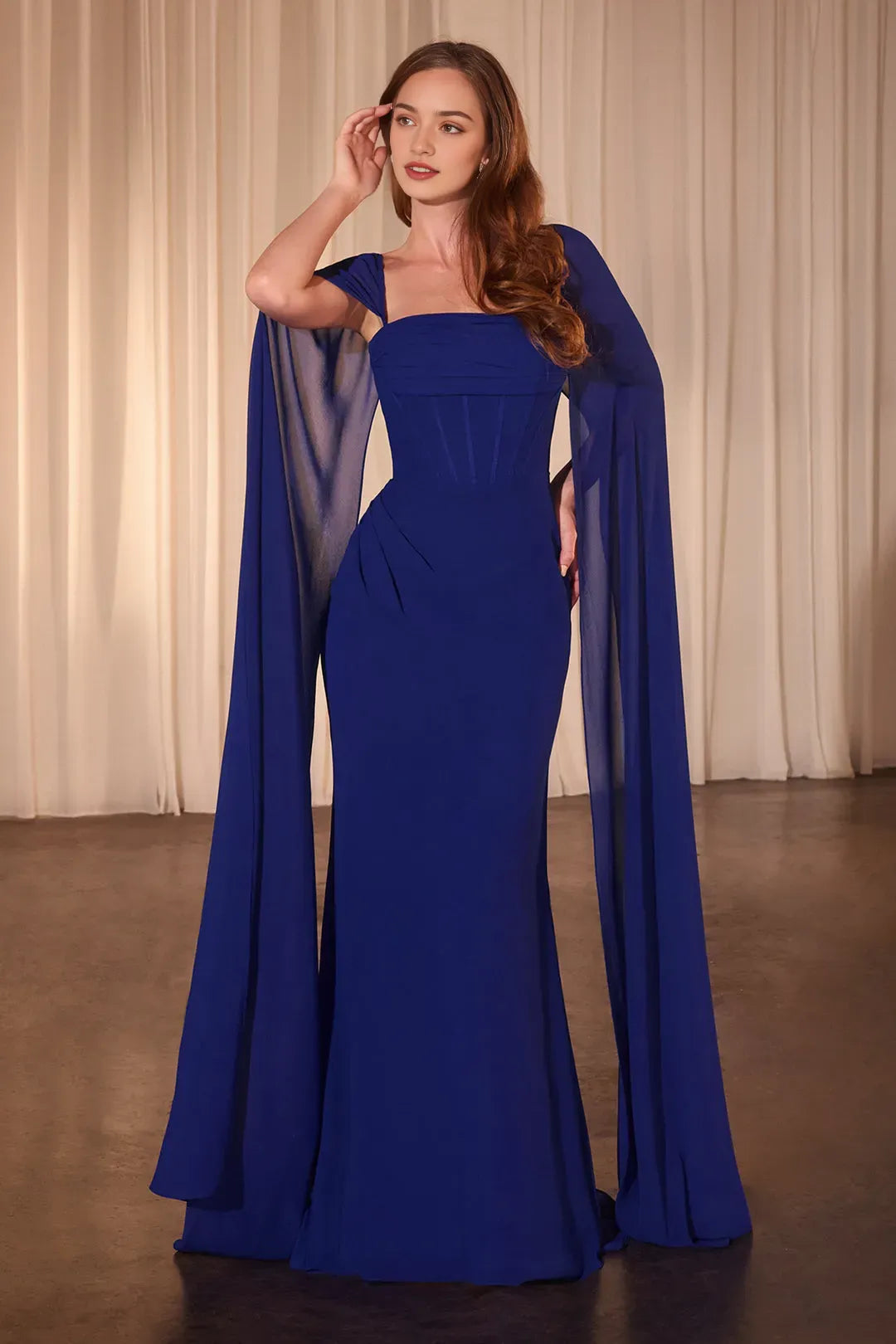 Sage Green Enchanting Prom Dress with Flowing Cape Sleeves and Corset Bodice