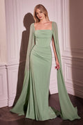 Sage Green Enchanting Prom Dress with Flowing Cape Sleeves and Corset Bodice