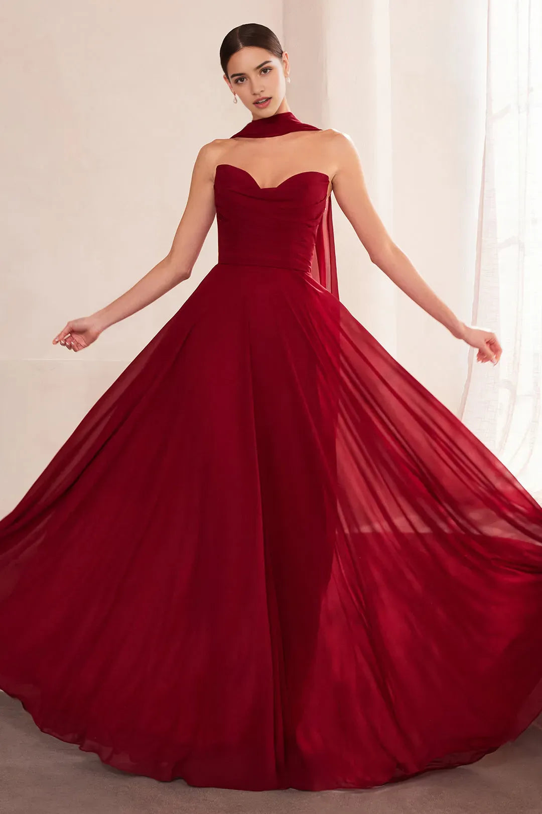 Ivory Strapless Prom Dress with Ruched Bodice and Flowing Skirt
