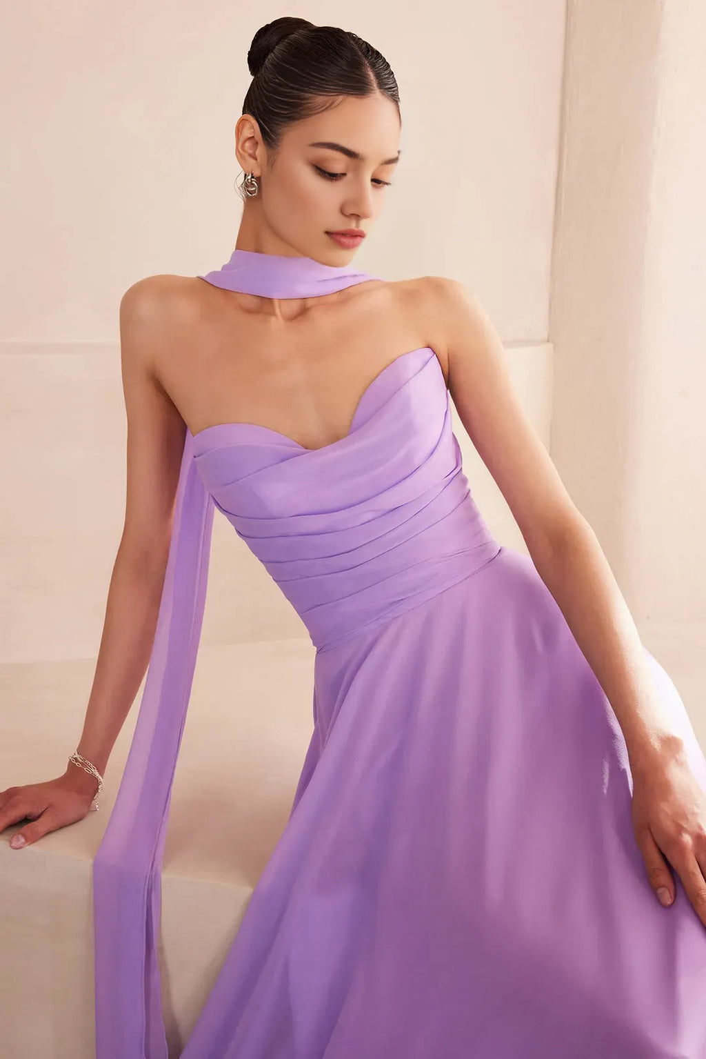 Ivory Strapless Prom Dress with Ruched Bodice and Flowing Skirt