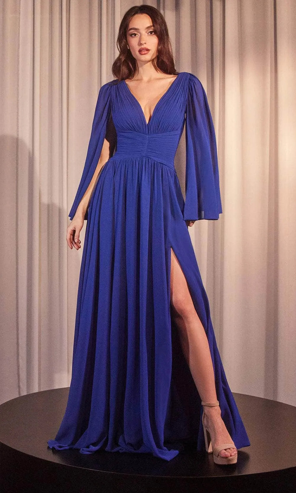 Blue Royal V - Neck Evening Gown with Cape - Style Sleeves and Side Slit – Perfect for Proms & Formal Balls