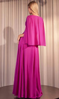 Blue Royal V - Neck Evening Gown with Cape - Style Sleeves and Side Slit – Perfect for Proms & Formal Balls