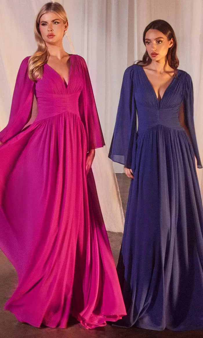 Blue Royal V - Neck Evening Gown with Cape - Style Sleeves and Side Slit – Perfect for Proms & Formal Balls