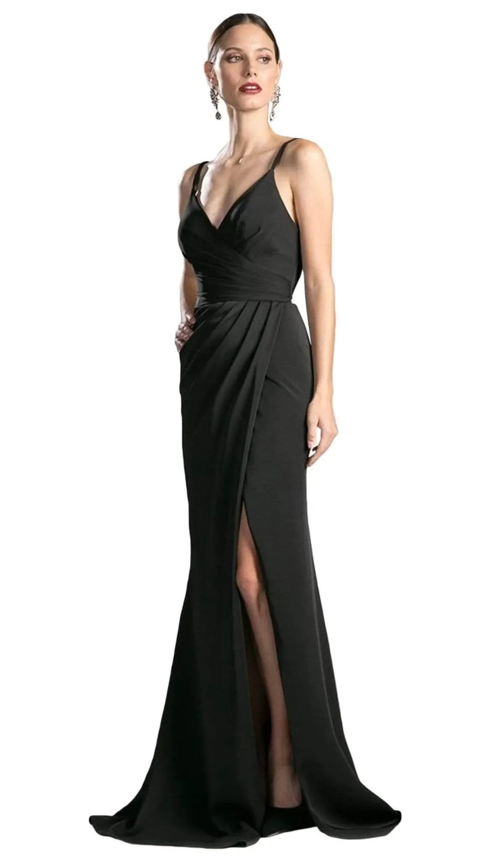 Navy Blue Evening Dress with Spaghetti Straps Draped Bodice and High Side Slit