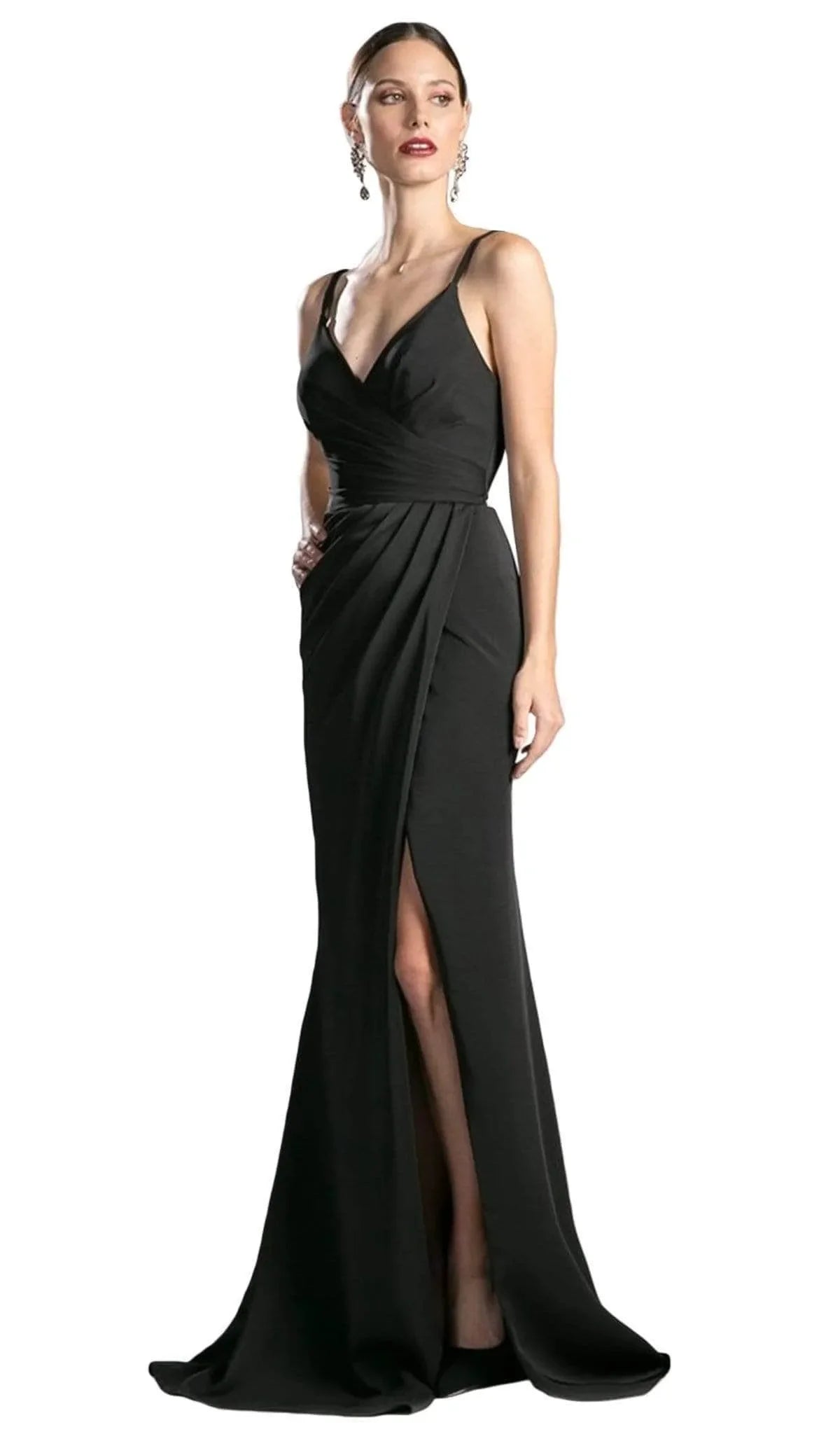Navy Blue Evening Dress with Spaghetti Straps Draped Bodice and High Side Slit