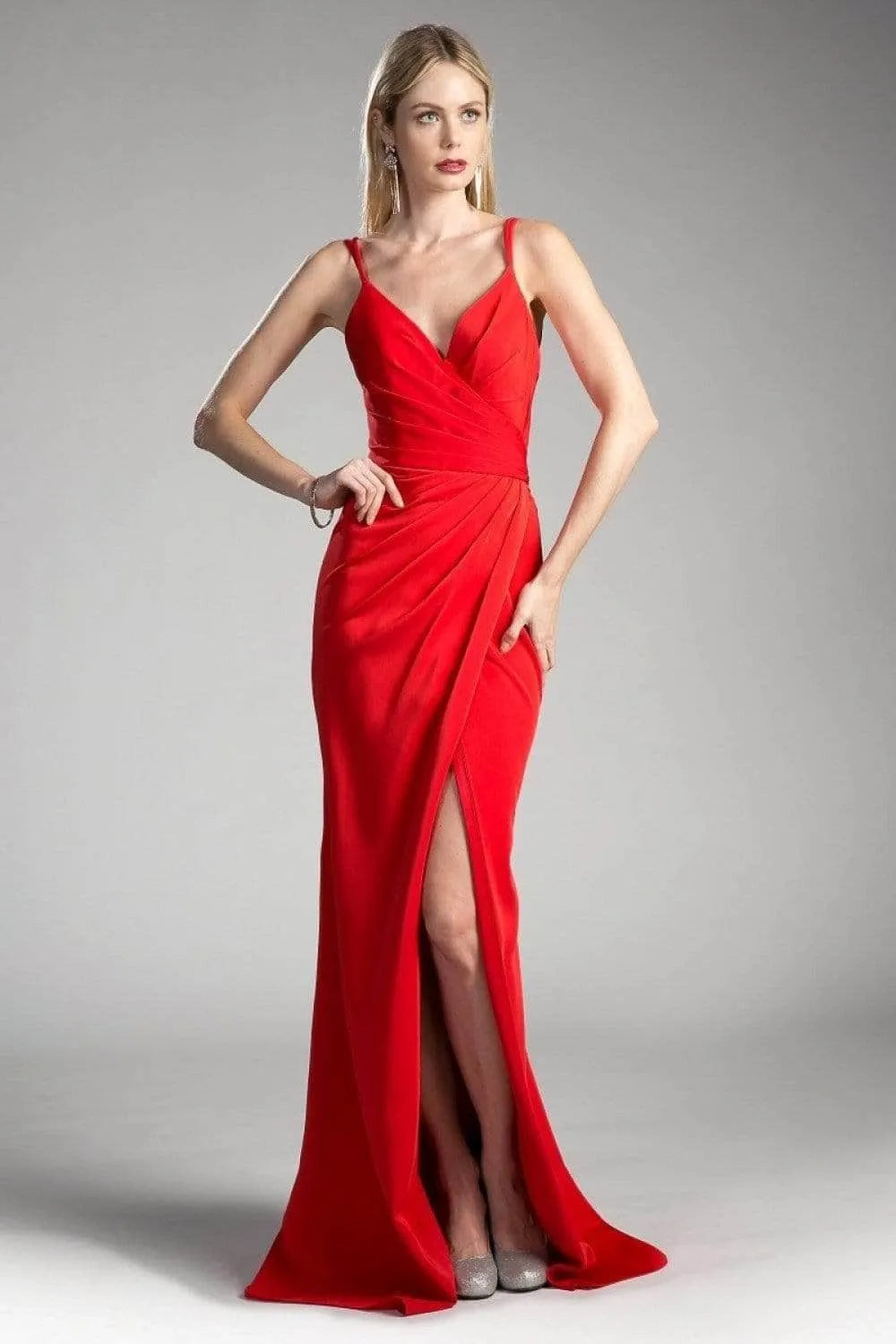 Navy Blue Evening Dress with Spaghetti Straps Draped Bodice and High Side Slit