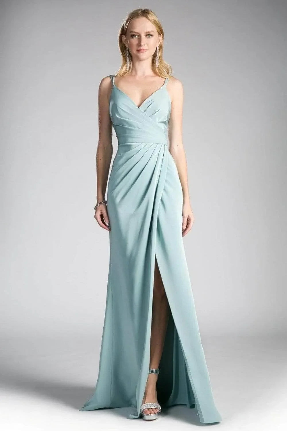Navy Blue Evening Dress with Spaghetti Straps Draped Bodice and High Side Slit