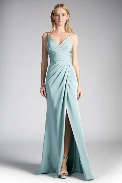 Elegant Navy-Blue Slit A-Line Classic-Neck Sleeveless Classic-Back Floor-Length Evening Dress