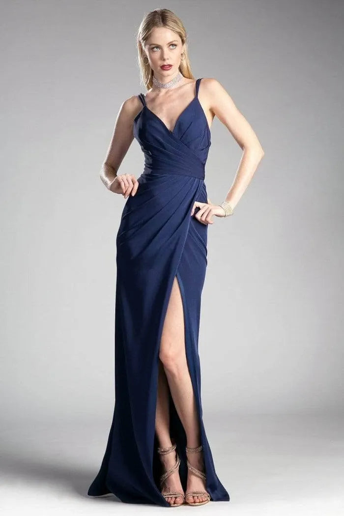 Navy Blue Evening Dress with Spaghetti Straps Draped Bodice and High Side Slit