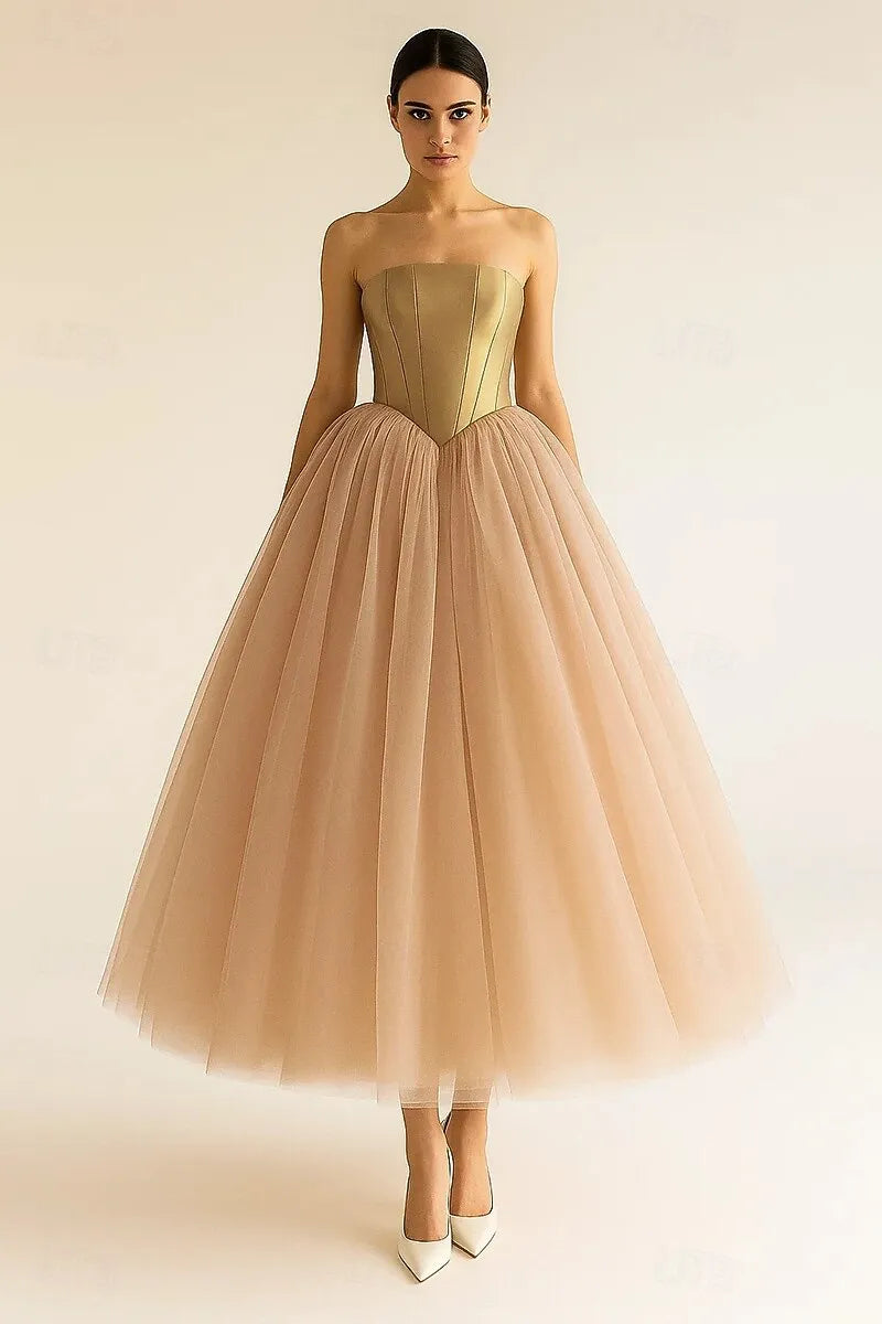 Gold Timeless Ball Gown Strapless Corset Tea Length Prom Dress
