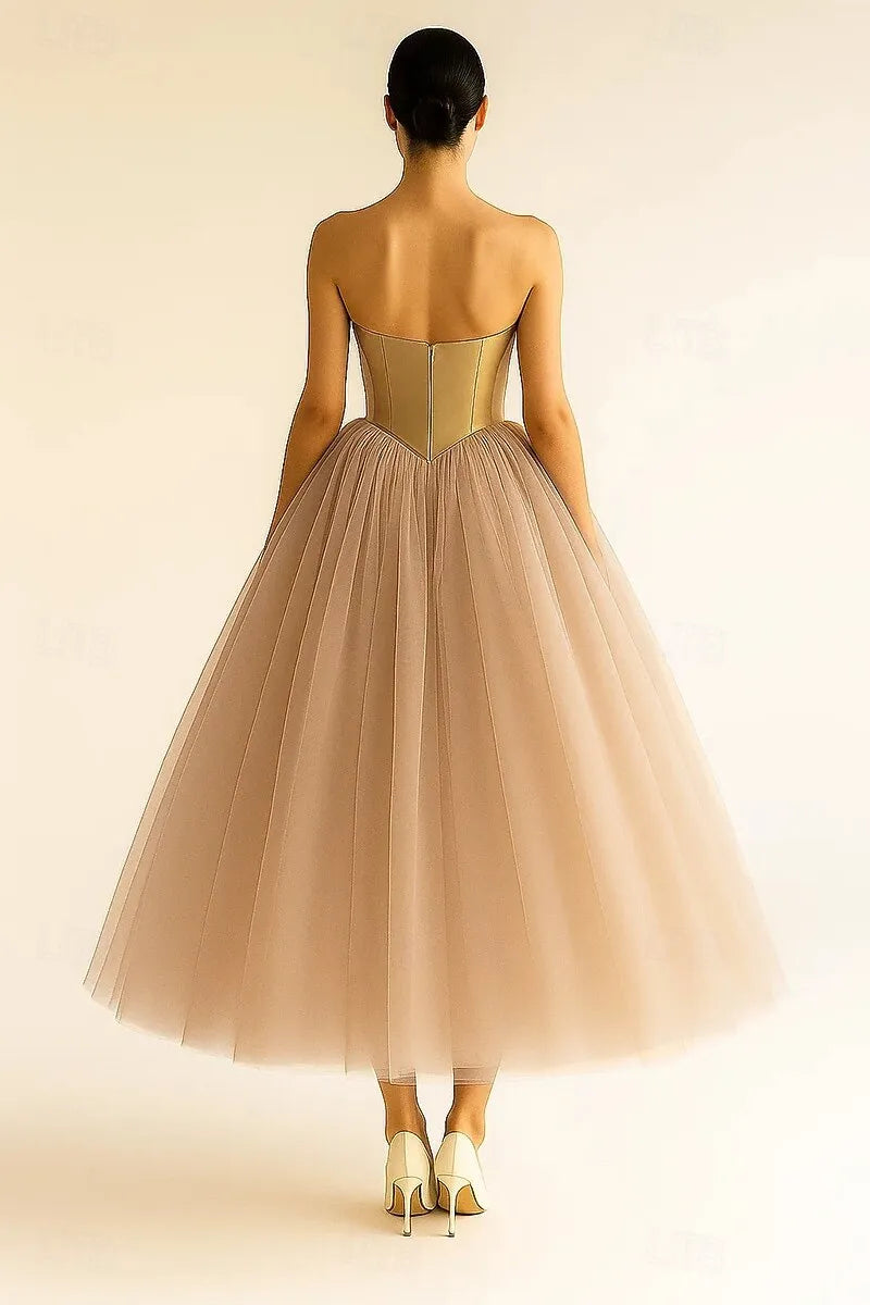 Gold Timeless Ball Gown Strapless Corset Tea Length Prom Dress