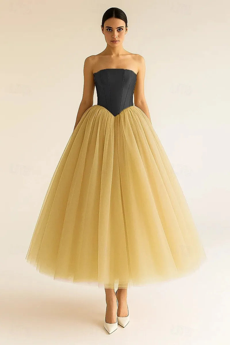 Gold Timeless Ball Gown Strapless Corset Tea Length Prom Dress