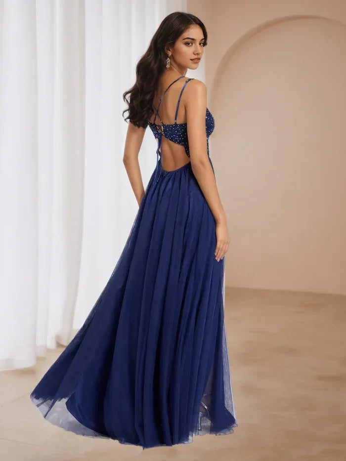 Navy Timeless Prom Gown Spaghetti Straps Detail Sheer Slit for Enchanting Events